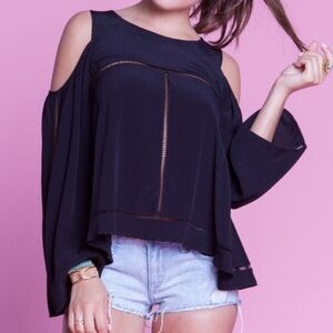 Lovers + Friends REVOLVE Black Cold Shoulder Bell Sleeve Top Ladder Lace Medium
